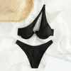 Women's Swimwear Sexy Briefs Bikini Set Stylish Color Block One-shoulder With High Waist Ribbed Beachwear For Summer