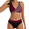여자 수영복 여성 세련된 비키니 세트 대비 색상 줄무늬 프린트 패딩 브라 하이 허리 브리프 스포츠를위한 빈티지
