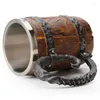 Mugs 600ml Viking Wood Style Beer Mug Christmas Gift Simulation Wooden Barrel Cup Double Wall Drinking Metal Insulated