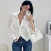 Damenblusen WOMENGAGA Korea 2024 Herbst/Winter Faltige Taille Schlank POLO Kragen Einreiher Satin Hemd Mode Sexy Top VCK6