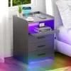 JDPAG RGB bezprzewodowa stacja ładowania, 24 kolorowy automatyczny stół końcowy czujnika, porty typu C USB, stolik nocny LED z stojakiem wyciągającym i 3 szufladami (szare)