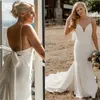 Vestidos de casamento grego minimalista 2024 elegante cintas de espaguete sereia boho vestidos de casamento sem costas cetim país boêmio noiva com arco vestidos de novia romano