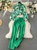 SingReiny Fashion Printed Suits Women Bow Collar Lantern Sleeve Floral BlouseBelt Solid Long Pants Streetwear Senior Set 240309