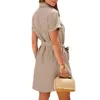 Casual Dresses Solid Color Shirt Dress V-neck V Neck Button Down With Belted Pocket Women's Summer Short For Streetwear