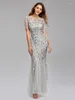 Party Dresses Women Elegant Long 2024 Summer Luxury Designer Short Sleeve Mesh Sequin Slim Formal Turkish Wedding Evening Robe