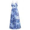 Casual Dresses Ladies Bohemian Beachwear Dress Flower Printed Waisted Sleeveless Long Sexy V-Neck Strap Pleated Elegant Party Women