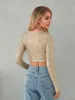 Womens Spring Full Sequin Cropped Tops Long Sleeve Round Neck Show Navel Glitter Sparkle Party Tshirt 240318