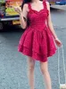 Party Dresses Summer Sweet Rose Pink Plaid One-Piece Frocks Square Collar Elegant Lolita Dress Ball Gown Sundress Kpop Tender Streetwear