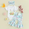 Conjuntos de roupas Minha primeira Páscoa Baby Girl Outfits manga curta camisa tops e coelho floral impressão bell bottoms calças conjunto de faixa de cabeça