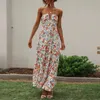 Casual Jurken Dames Halter V-hals Mouwloos Bloemen Flowy A-lijn Maxi-jurk Off-shoulder Sexy Backless Boho Long Beach