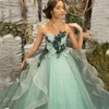 Abiti da ragazza EVLAST Abito a fiori verde menta per matrimoni Tulle con volant Principessa Applicazioni in pizzo Abito da prima comunione TFD052