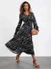 Casual Dresses Fall Midi Dress Women Lantern Sleeve V Neck Button Front Geometric Print A-Line For Office Vintage Spring