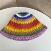 Womens Straw Hat Rainbow Crochet Handmade Panamas UV Protection Sun Visor Beach Visors Foldable Summer 240318