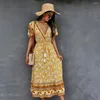 Robes de soirée été 2024 jaune bohème femmes col en V robe longue à manches courtes imprimé fleuri dames gland Boho Midi