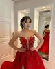 Fabulous red Evening Dresses elegant beaded collar strapless a line Formal Prom dress thigh split sweep train Robe De Soiree