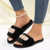 Slippers Women Plush Pearl Flower Slipper Ladies Fashion Winter Open Toe Flat Bottom Cotton Adult Indoor Casual Footwear