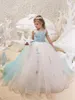 Abiti da ragazza Moda Avorio Turchese Fiore Applicazioni lunghe Compleanno Matrimonio Festa Tulle Abito da comunione formale senza maniche