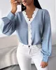 Camisetas para mujer Blusa de mujer de moda 2024 Primavera con cuello en V Contraste de encaje abotonado Casual Llano Manga larga Camiseta diaria Top Y2K Ropa