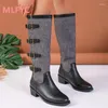 Bottes rétro marron talon épais chevalier femme automne et hiver haut baril longue tête ronde sexy