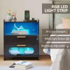DNBSS RGB-laddningsstation, modern säng med smycken förvaringslådor, smarta för sovrum auto-on ljus, litet nattduksbord (svart, 2 lådor)