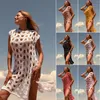 Tricots Femmes Wraps Bikini Cover Ups Col Rond Grand Trou Évider Sexy Robe De Plage Fente Latérale Couleur Unie