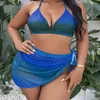 Mulheres Swimwear FS Mulheres Azul Plus Size Cintura Alta Cintura Hip Saia Cover Ups Bikini Set Condole Belt Banheira Terno Backless Swimsuit Três Peças