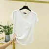 Kvinnors T-skjortor överdimensionerade korta ärmskjorta för sommaren V-ringning T-shirts med Pocket Modal Cotton Loose T-shirt