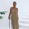 Casual Dresses Soft Halter Neck Dress Elegant Off Shoulder Maxi med flätade remmar för kvinnor Solid Color Strand Sundress