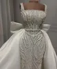 Elegant kvinnor bröllopsklänning fyrkantig hals ärmlösa brudklänningar pärlor båge avtagbar tågklänning skräddarsydd vestidos de novia