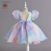 Meisjesjurken Regenboog Chiffon Babykleding Meisje V-rug Pluizige mouwen Kinderjurk Knielengte 1-7 jaar Carnavalskleding Kindermeisjes 24323