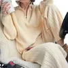Damen-Kapuzenpullover, stilvolles, solides Maillard-Strickset mit Reißverschluss am Ausschnitt