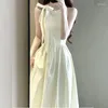 Casual klänningar koreansk stil hög midja smal lång klänning sommar ärmlös båge o-hals kvinnor kläder söta ihåliga nät ruffle 27666