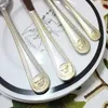 Knives 24PCS Vintage Western Gold Plated Dinnerware Dinner Fork Knife Set Golden Cutlery Stainless Steel Engraving Tableware