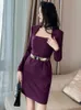 Casual Dresses Autumn Fashion Simple Women's Mini Dress Elegant Vintage Purple Long Sleeve Short Gown Party Work Style Vestidos Mujer Spring