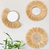 boho Home Furnishing Forest Rattan Decorative wall mirrors Raffia Woven Wooden Bead Tapestry Living Room 240322