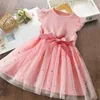 Sukienki dla dziewczyn Słodki dziewczyny Summerne rękawy Bow Dress 2-6y Kids Birthday Party Pink Puszysta A-Line Tutu Princess Sukienka dla dziewczynki D240425