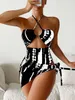 2024 New Digital Printed Womens Sexy One Piece Neck Hanging Triangle Mesh Three Piece Set with Hollow out Swimsuit