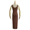 Casual Dresses Midi For Women 2024 Summer Elegant Bodycon Dress Knitted Vintage Clothes Beach Sundress Pink Brown