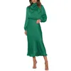 Casual Dresses Women Elegant Dress Satin Lantern Sleeve Evening For Wedding Cocktail Party Women's Solid Color Midi