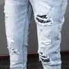 Men's Jeans Street Fashion Men Retro Light Blue Elastic Skinny Ripped Stretch Trousers Patched Designer Hip Hop Brand Pants