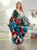 Retro Flowers Print Kaftan Long Dress For Women 2024 Summer Batwing Sleeve House Robe Causal Loose Maxi Dresses Q1636 240320