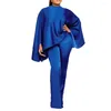 Women's Two Piece Pants 2Pcs/Set Women Faux Satin Outfit O-Neck Batwing Long Sleeve Tops High Waist Set Solid Color Elastic Trousers