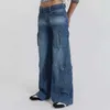 Streetwear 6 Pockets Low Rise Belt Cargo Pants Women Wide Leg Washed Denim Jeans