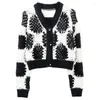 Women's Knits 2024 Autumn/Spring Sweater Hollow Hook Flower V-Neck Long Sleeve Loose Black And White Short Knitted Top