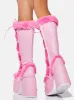 Boots White Fur Platform Boot High Chunky Heel Round Toe Mid Calf Boot Women Women Disuit Winter Cross Sied Botas Mujer