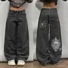 Kvinnors jeans y2k hiphop flamma tryck herr streetwear retro överdimensionerad ficka casual harajuku svart hög midje baggy bred benbyxor