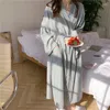 Vestidos casuais vintage xadrez algodão vestido feminino solto manga longa bandagem lace up feminino pijama robe homewear