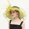 Brede rand hoeden emmer hoeden Kentucky Champagne kerk hoed zomer zonnescherm biologische Womens bruiloft hoed bloem Fascinator brede rand Derby Fedoras 24323
