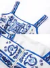 Robes de travail 2024 Summer Runway Bleu et Blanc Porcelaine Deux Pièces Ensemble Femmes Fleur Imprimer Court Crop Top Vacances Plage Maxi Jupe Costumes