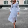 Casual Dresses Summer Elegant Puff Long Sleeve V Neck Dress for Women Solid Colic Elastic High Midist Lady Beachwear Vestido